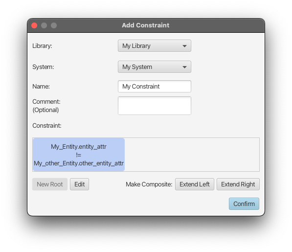 Add Constraint dialog window with existing root